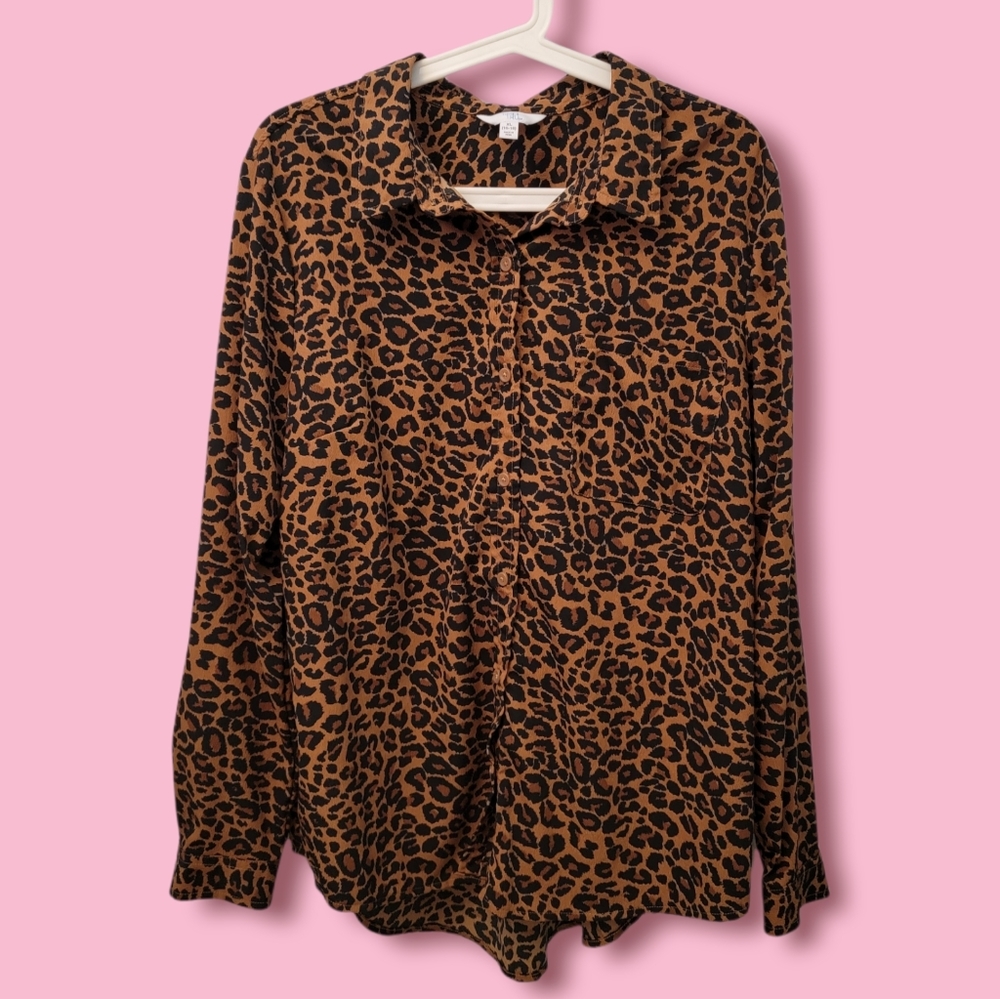Time and True Leopard pattern long sleeve button down blouse -XL
